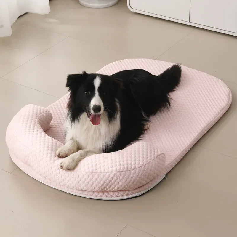 Cooling pet bed with foam base, removable washable cover and bolster headrest