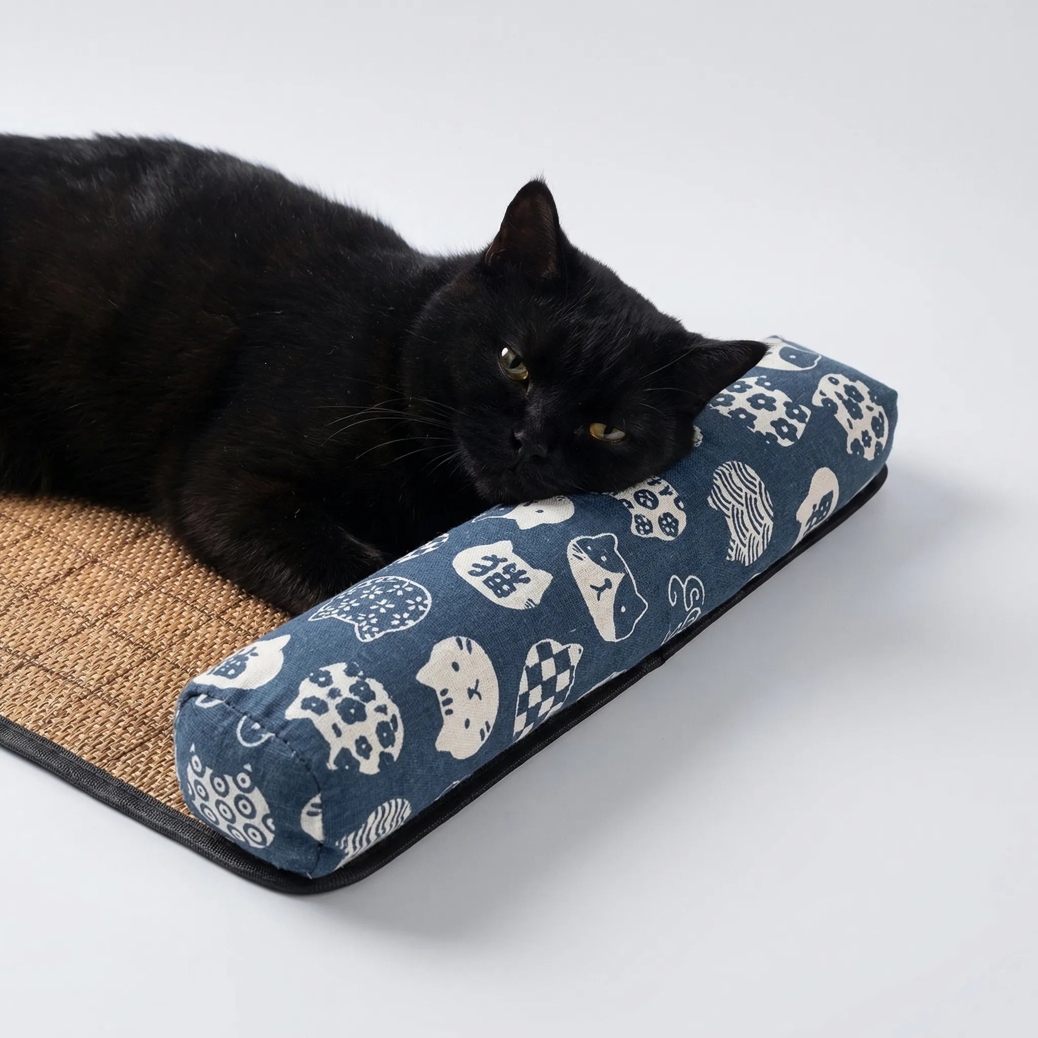 Woven rattan cooling mat with attached bolster pillow for cats and small dogs