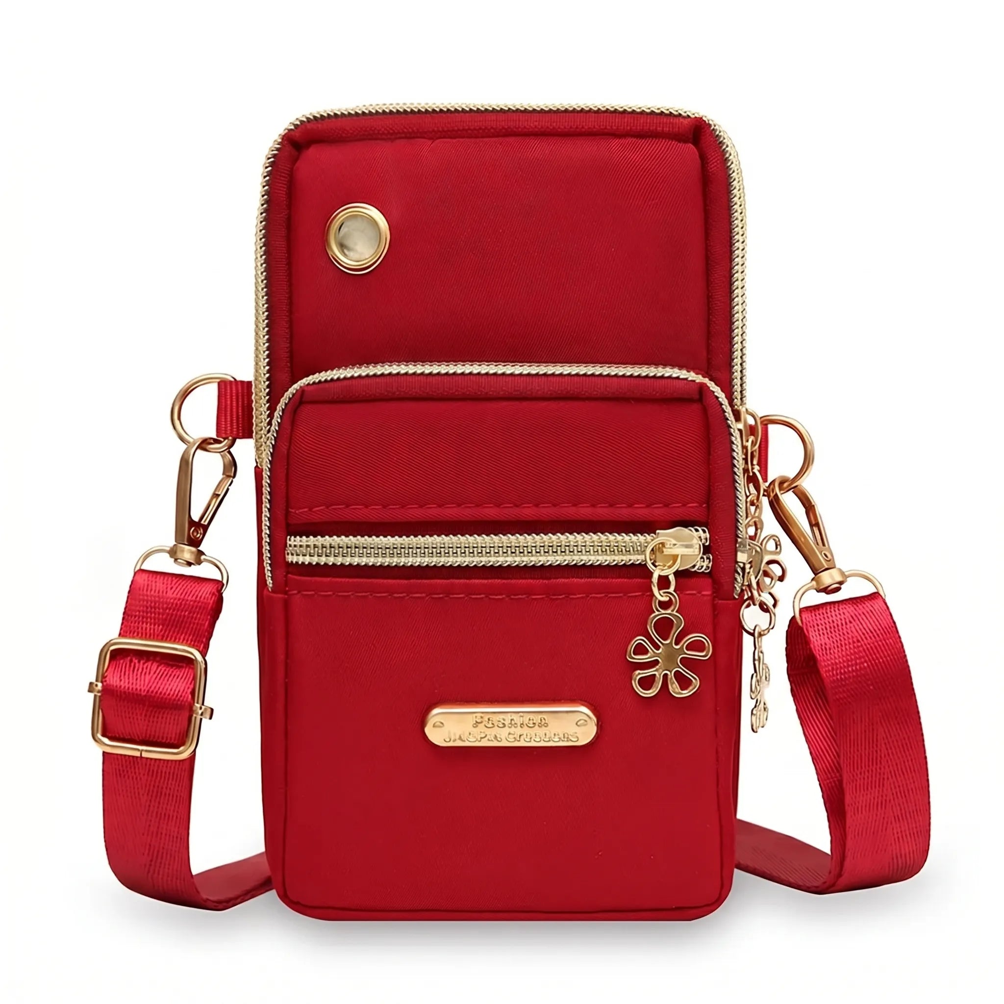 Compact crossbody bag with multiple zip pockets and adjustable strap