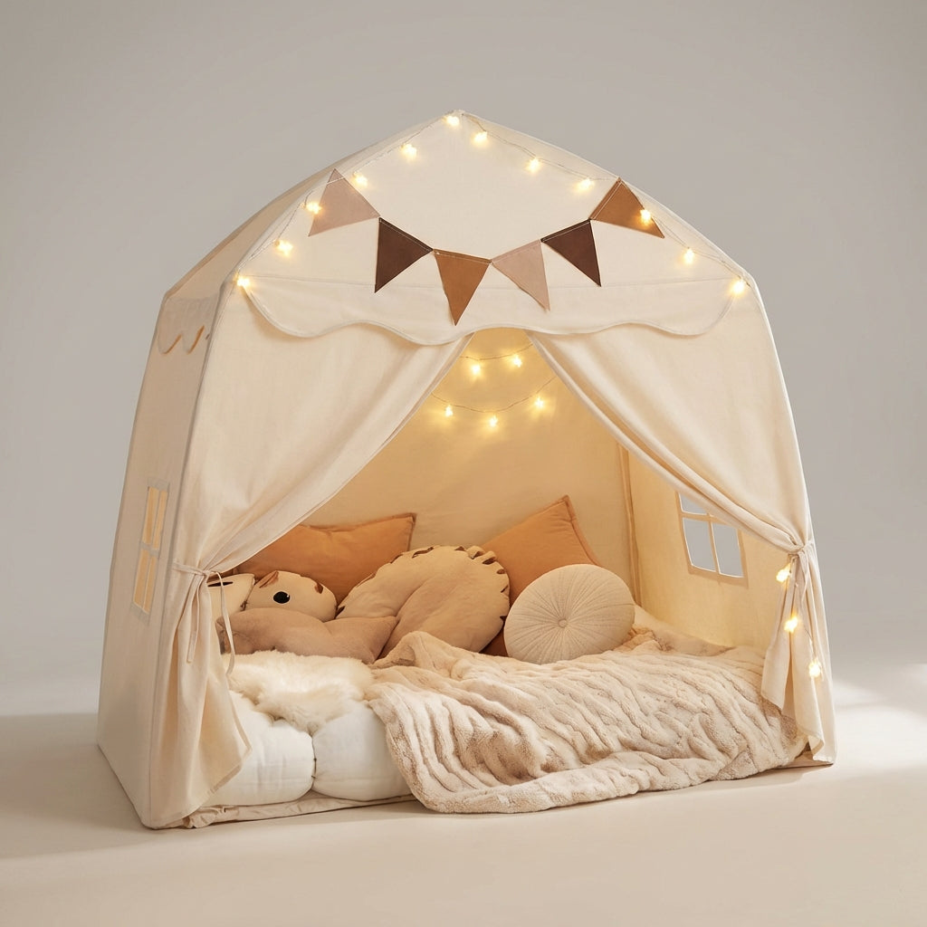 Collapsible kids play tent with castle-style roof and pennant details