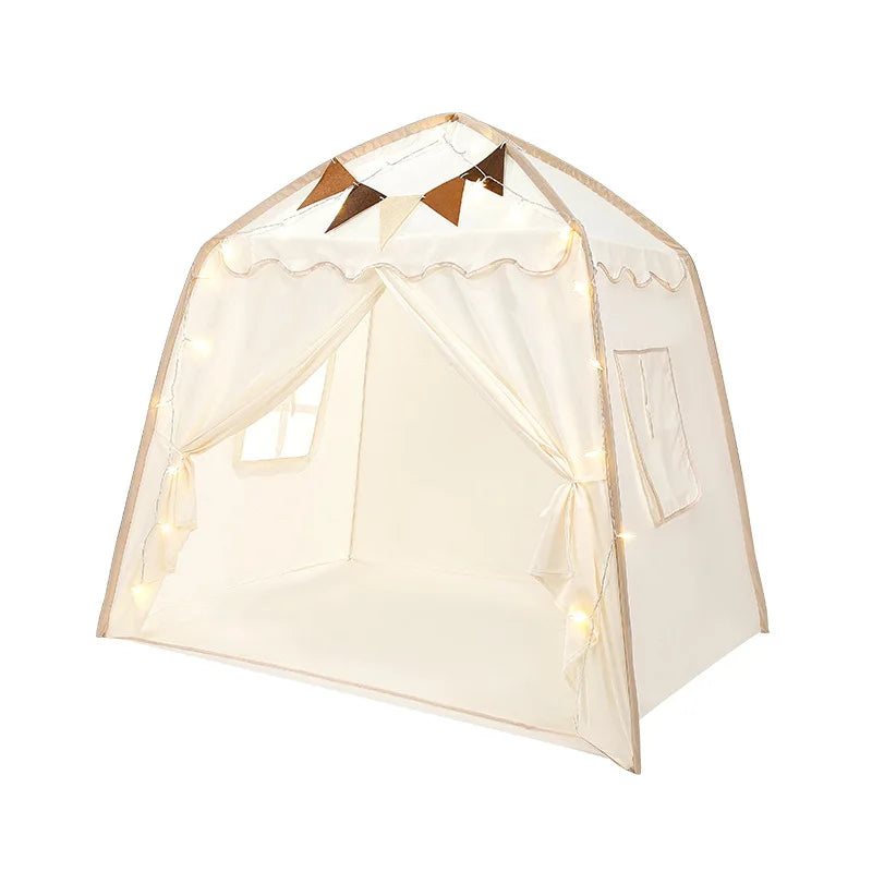 Collapsible kids play tent with castle-style roof and pennant details