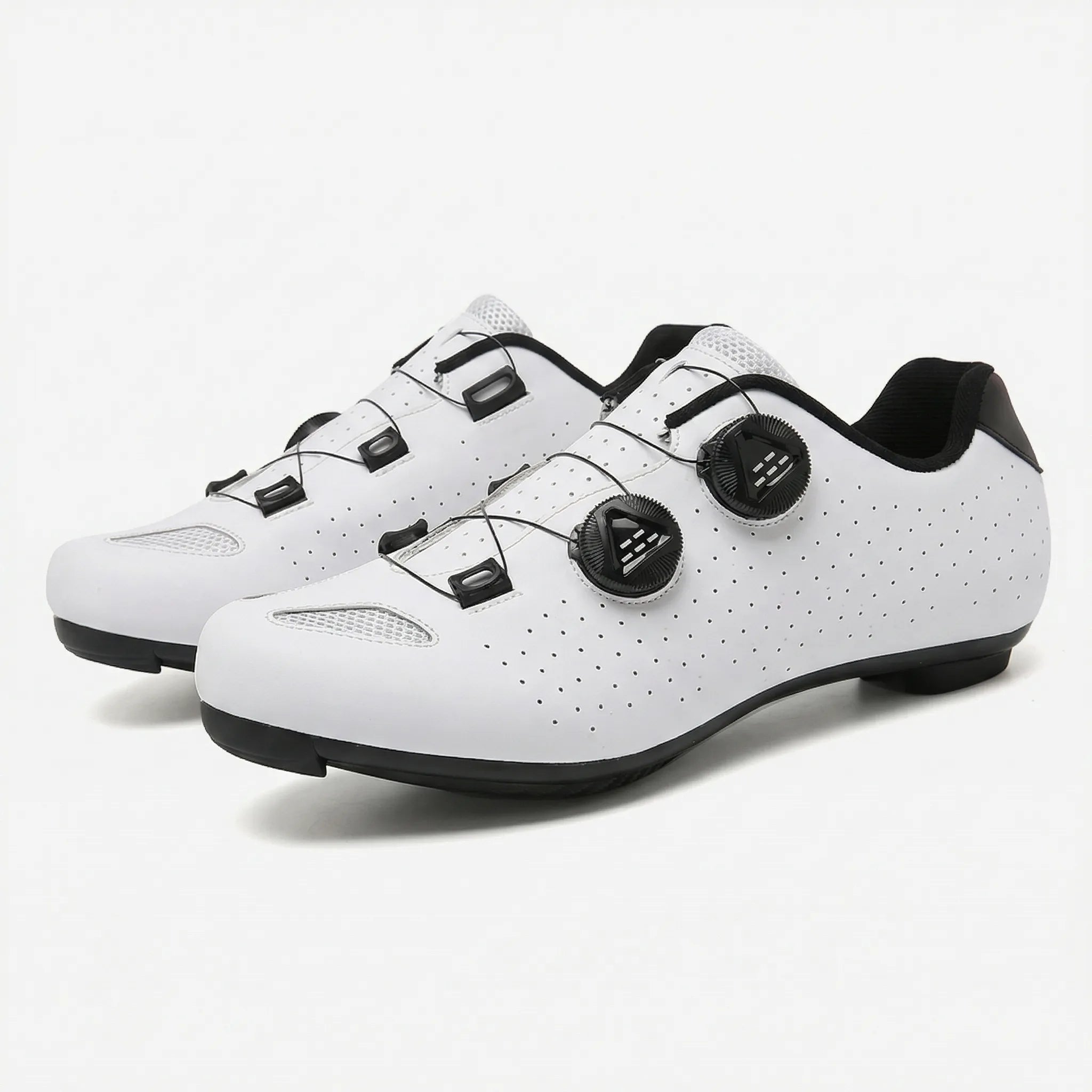 Cleat-compatible cycling shoe with dual rotary dial closure system for road and mountain biking