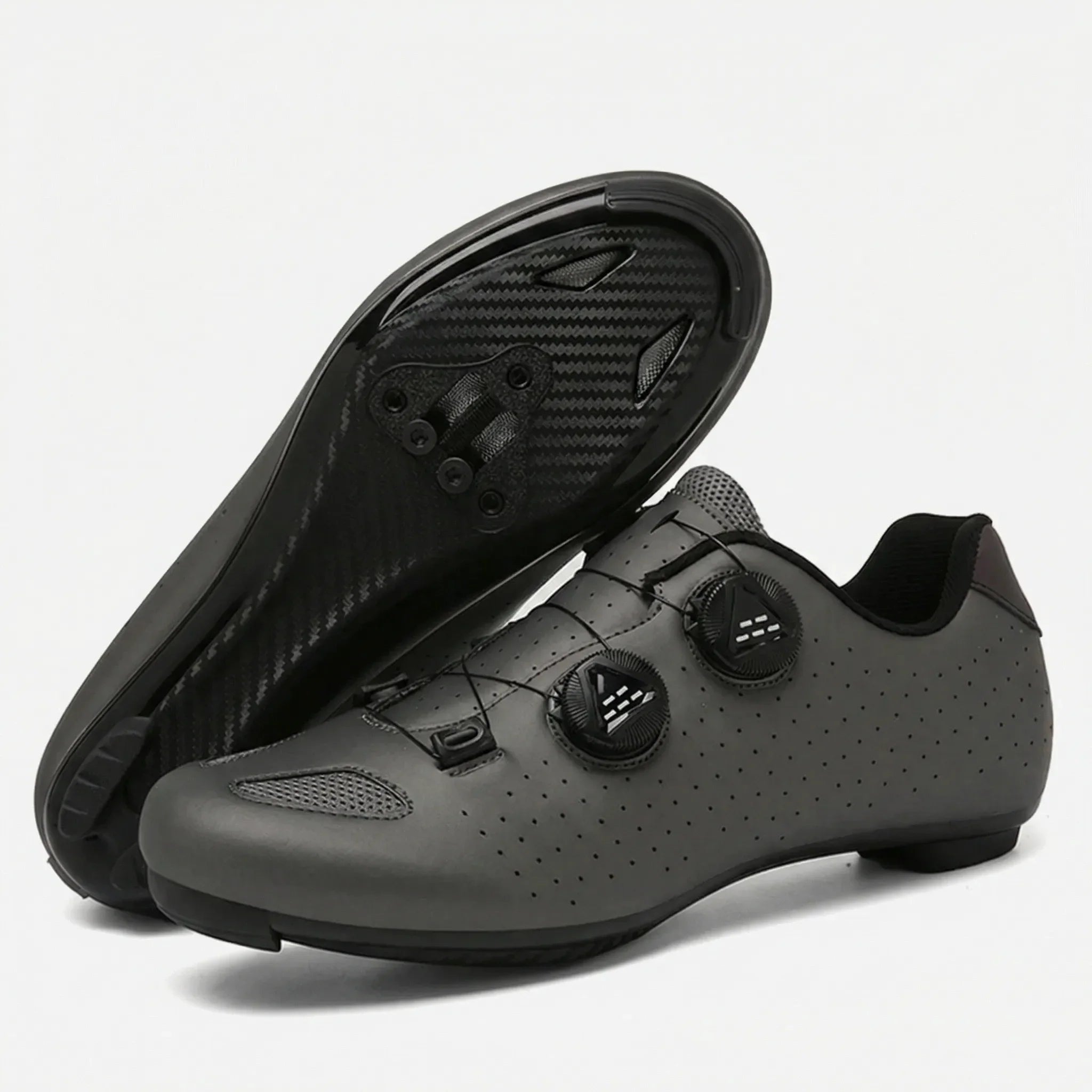 Cleat-compatible cycling shoe with dual rotary dial closure system for road and mountain biking