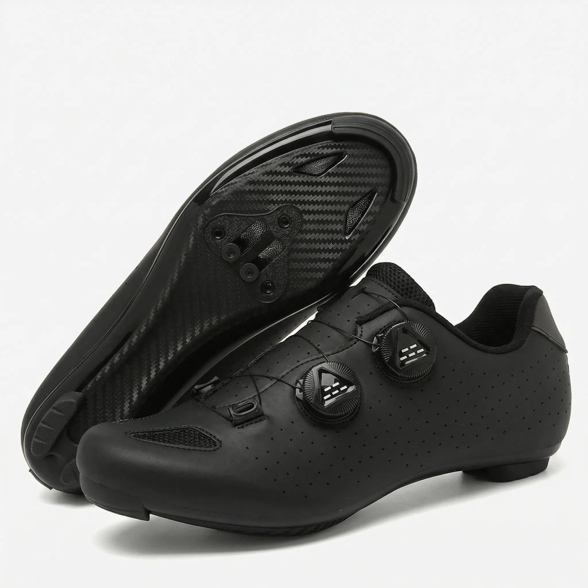 Cleat-compatible cycling shoe with dual rotary dial closure system for road and mountain biking