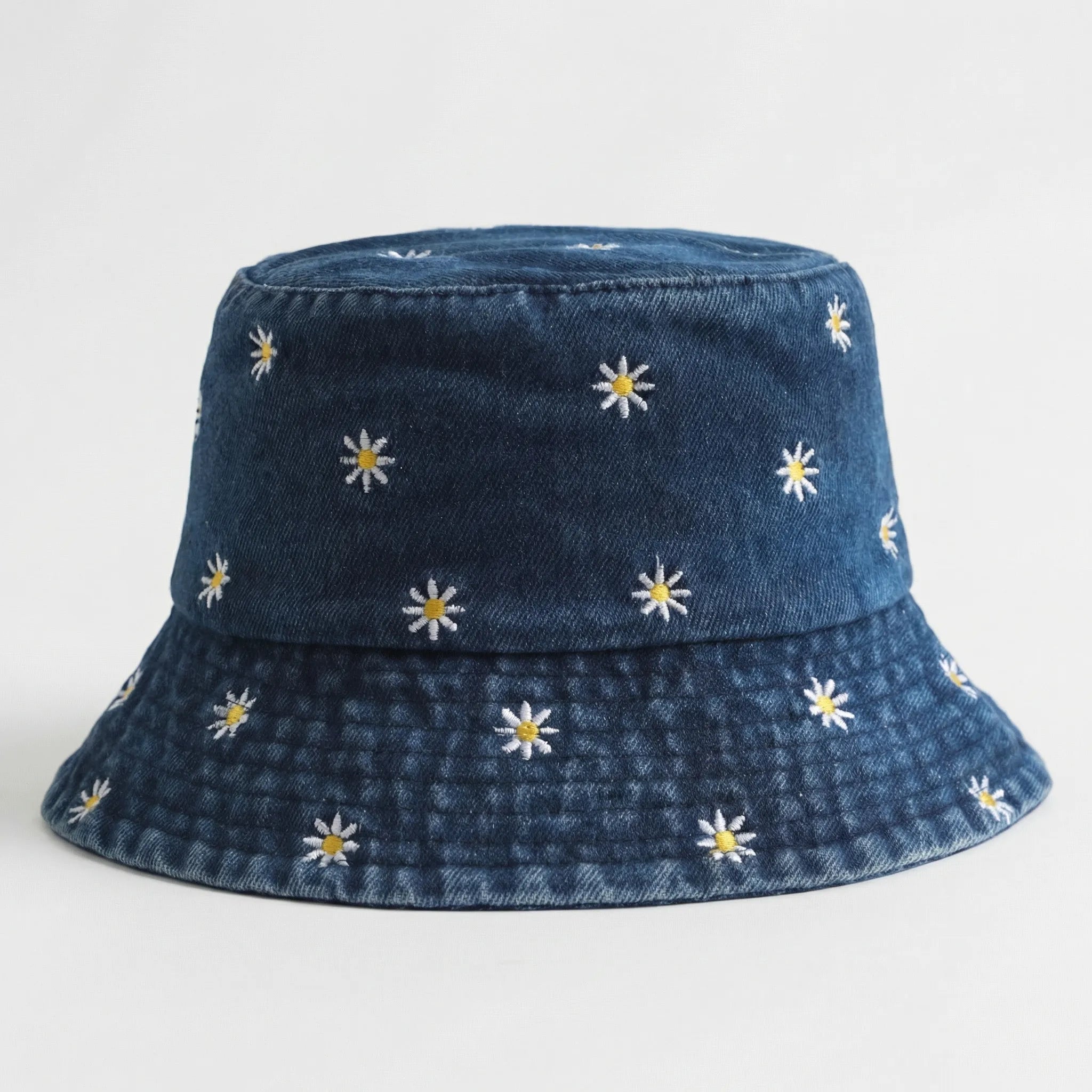 Daisy embroidered bucket hat with wide brim and washed denim finish