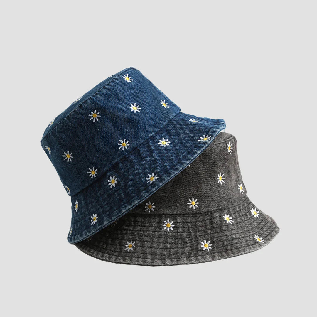 Daisy embroidered bucket hat with wide brim and washed denim finish