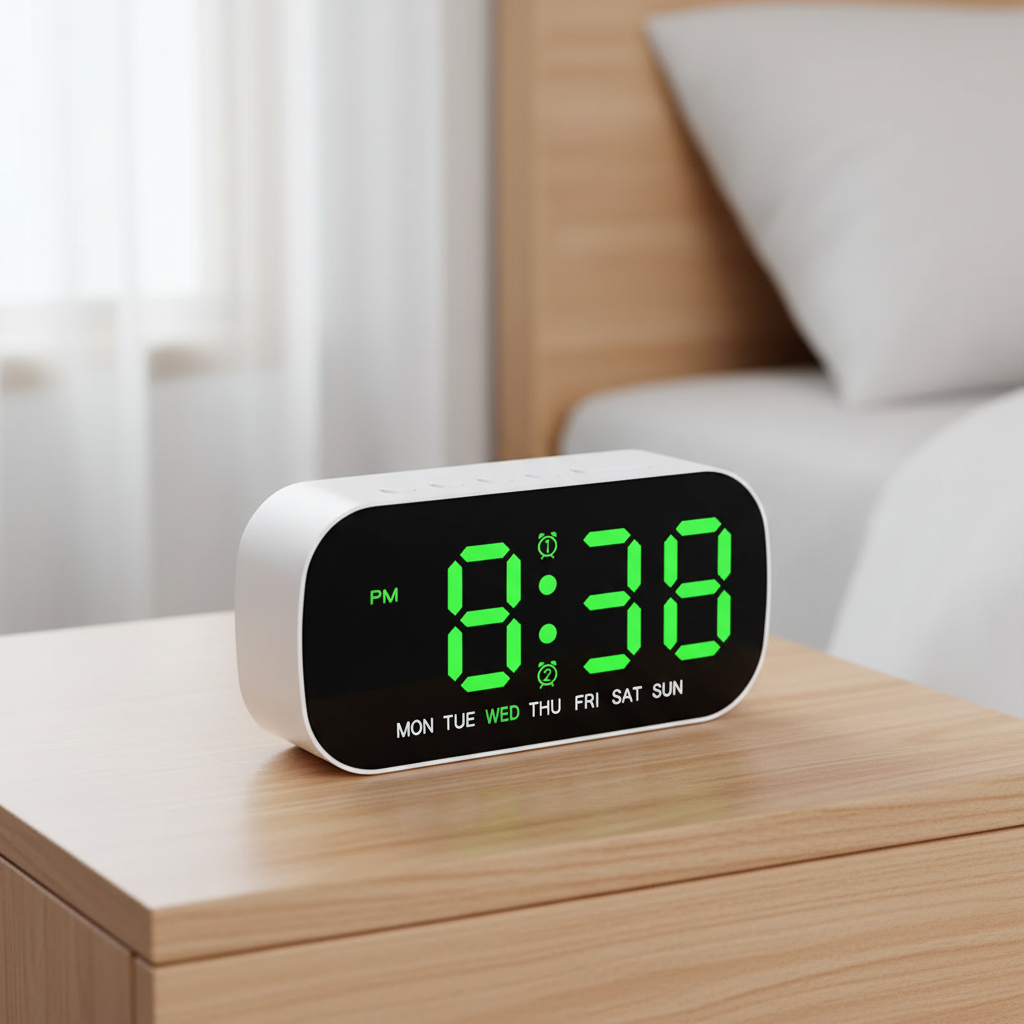 Digital alarm clock with USB power, large LED display, and dual alarms