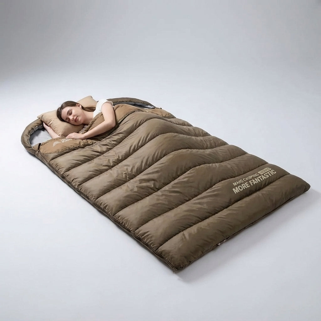 Two-person camping sleeping bag with double envelope design