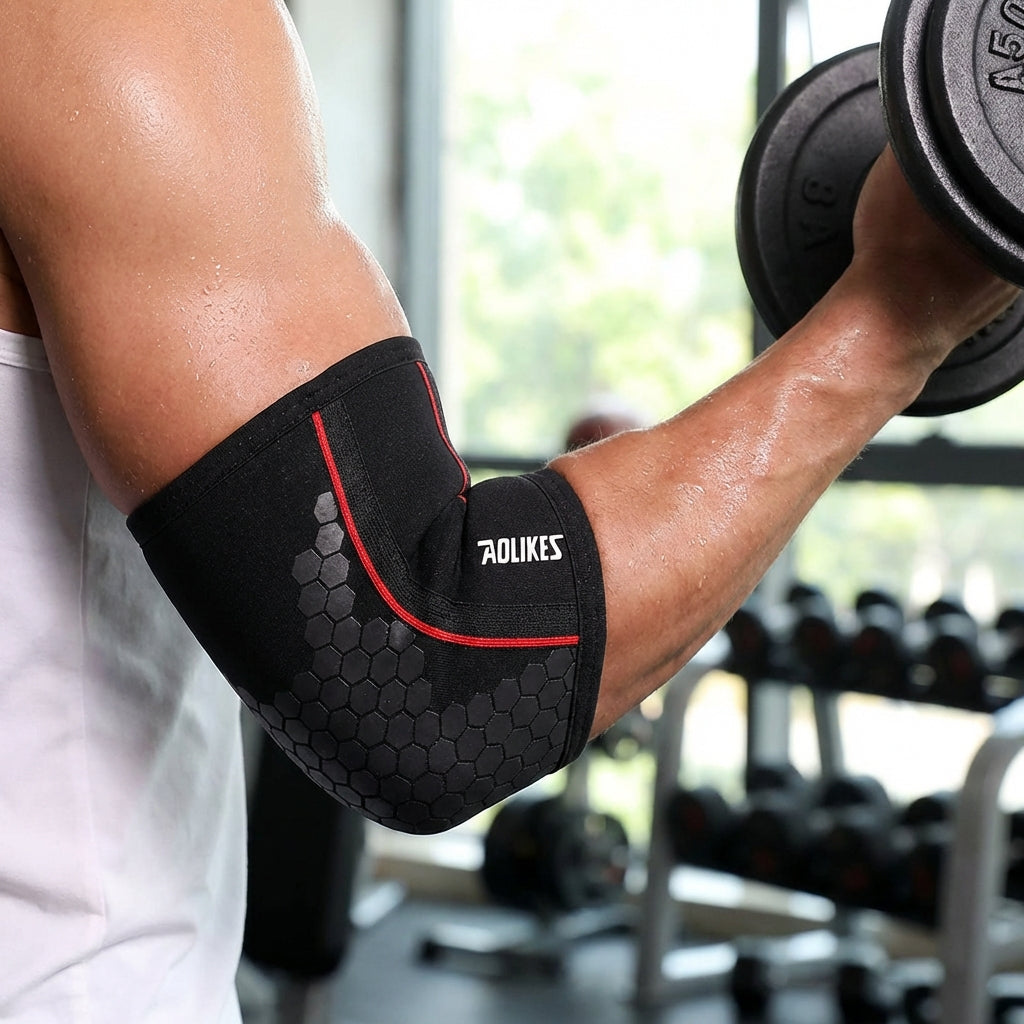 Compression elbow support brace for weightlifting and strength training