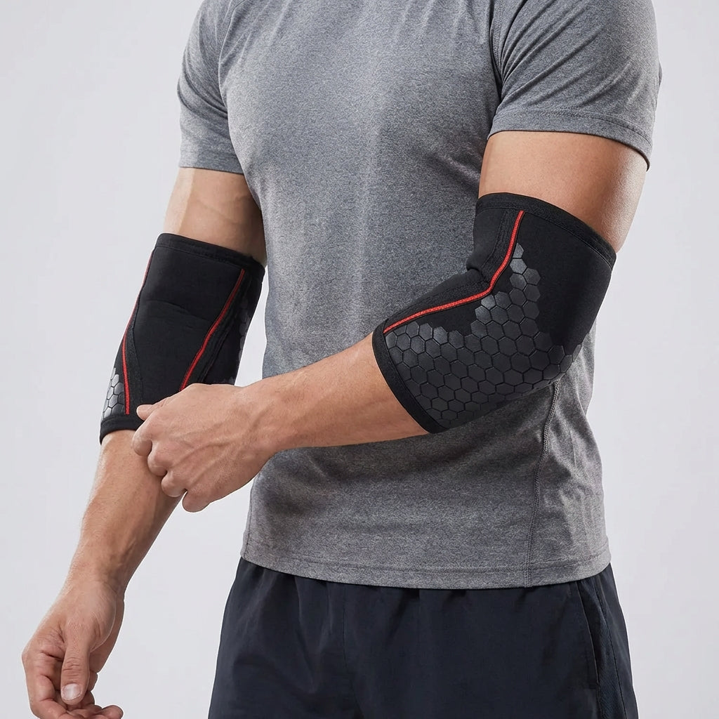 Compression elbow support brace for weightlifting and strength training