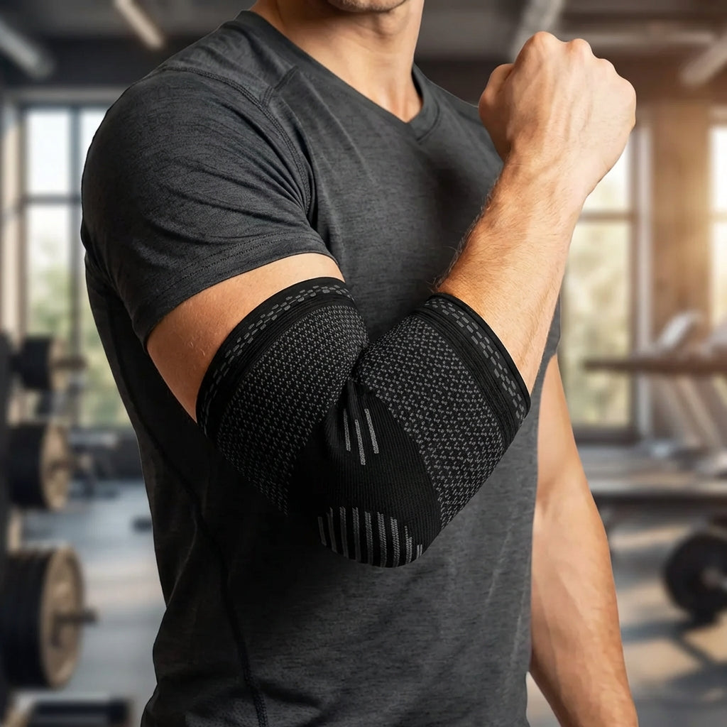 Breathable compression elbow sleeve with graduated support and low-profile fit
