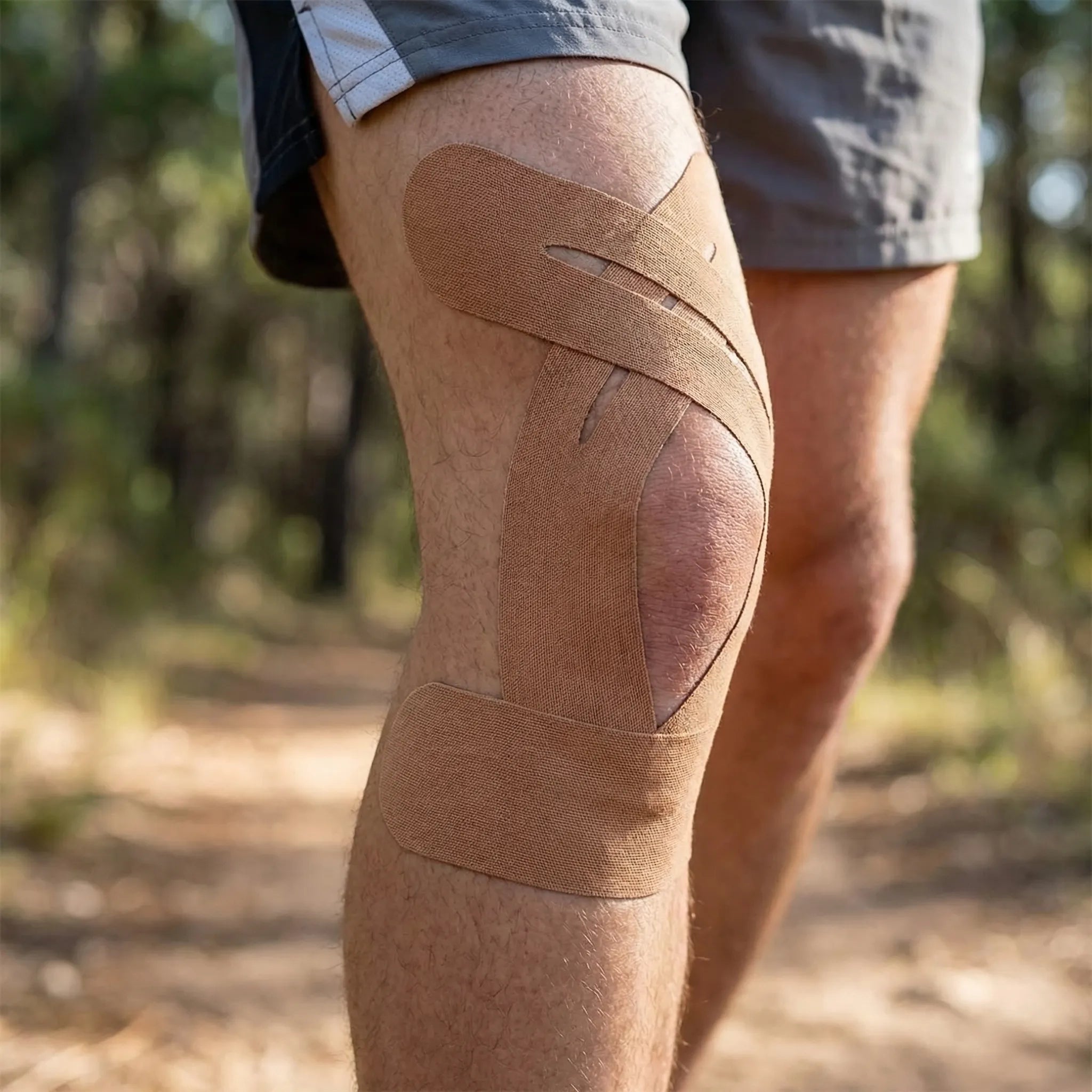 Elastic kinesiology knee tape with breathable fabric and water-resistant strips