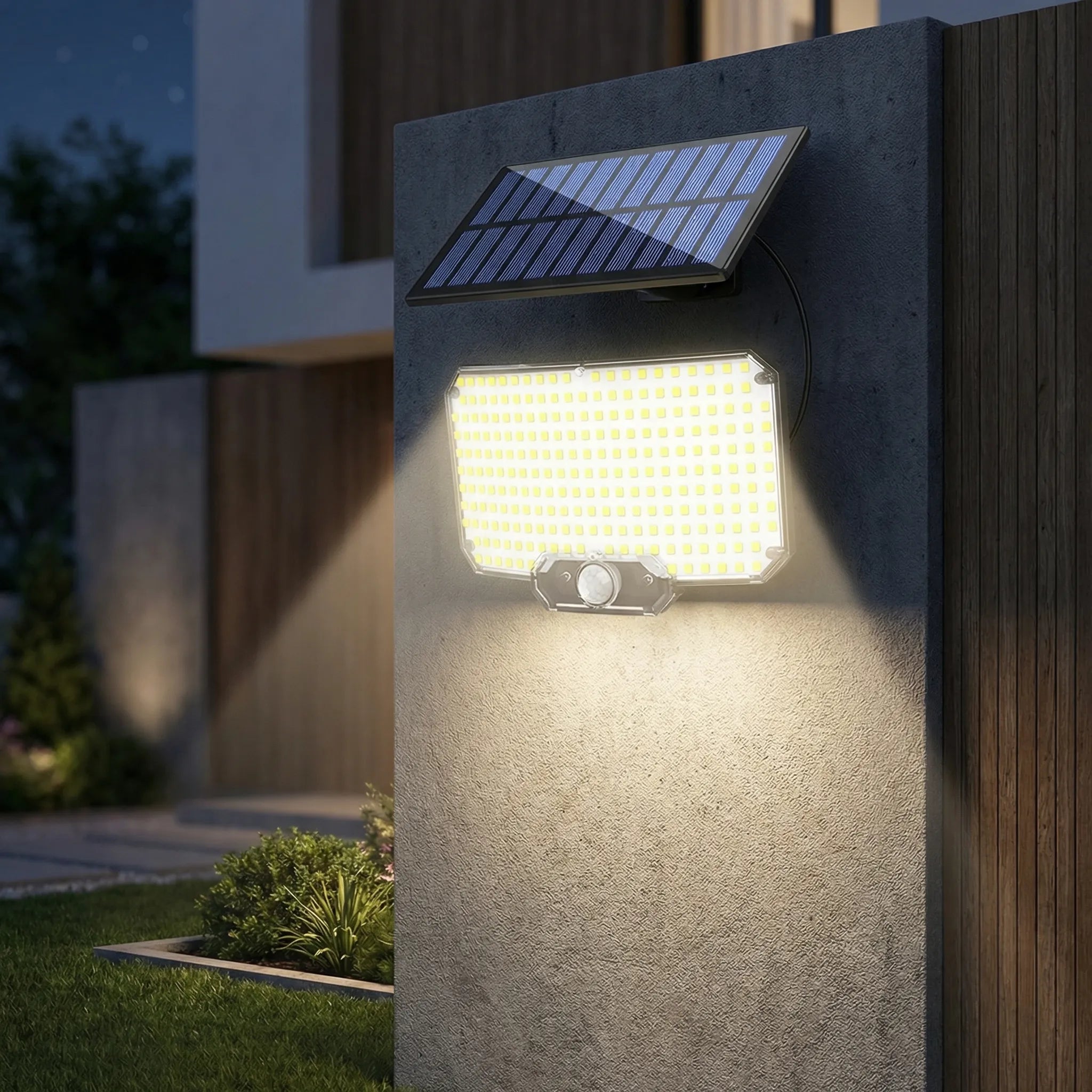 Solar-powered outdoor flood light with 234 LEDs and motion sensor