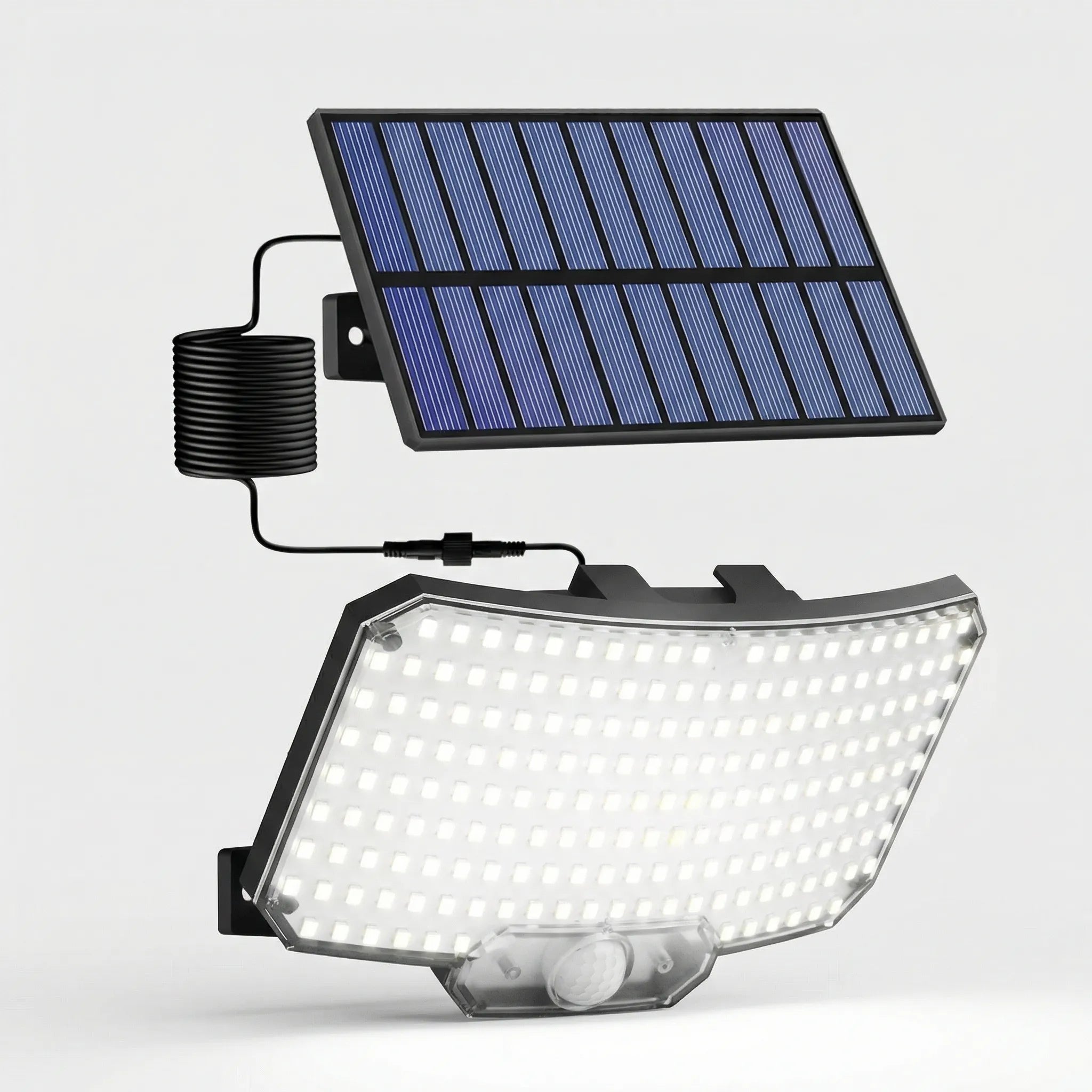 Solar-powered outdoor flood light with 234 LEDs and motion sensor