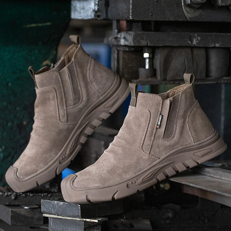 Slip-on safety boot with reinforced toe protection and puncture-resistant sole