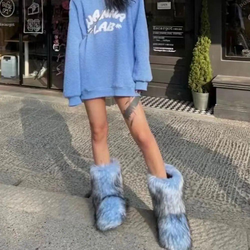 Winter boots calf height artificial fur non-slip sole warm lining