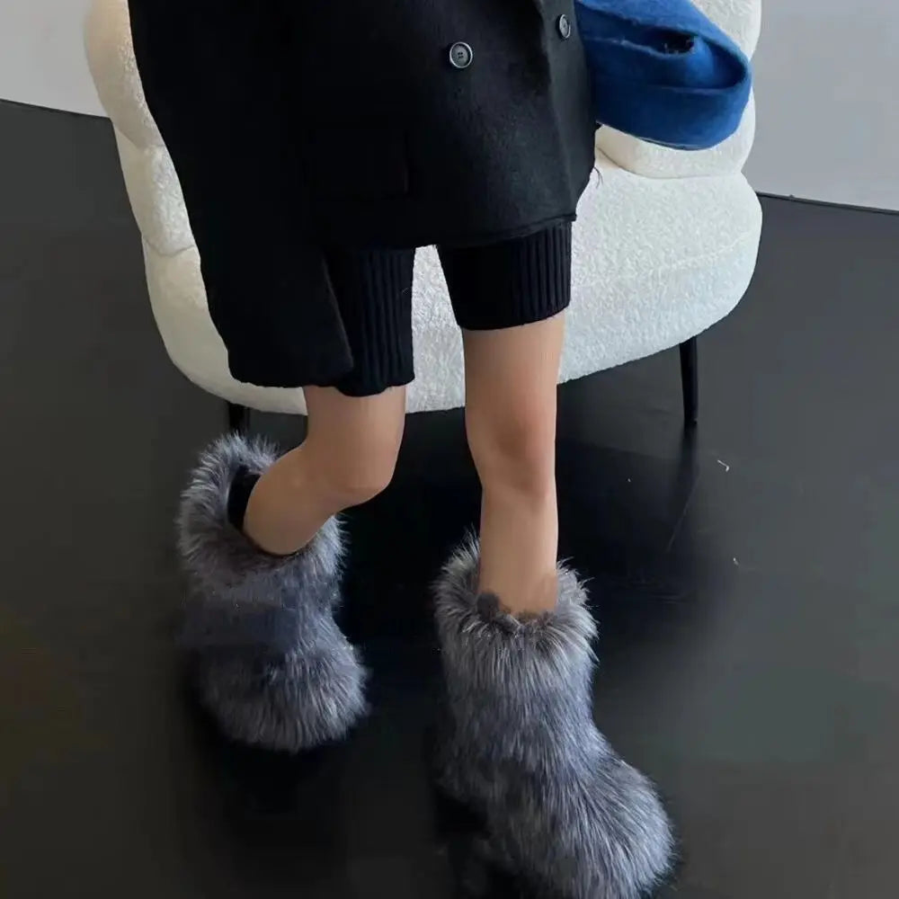 Winter boots calf height artificial fur non-slip sole warm lining