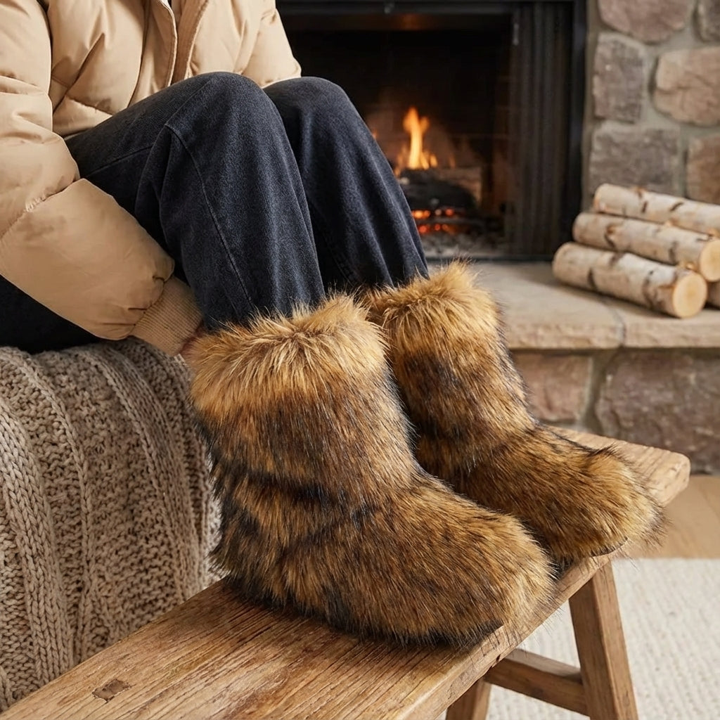 Winter boots calf height artificial fur non-slip sole warm lining