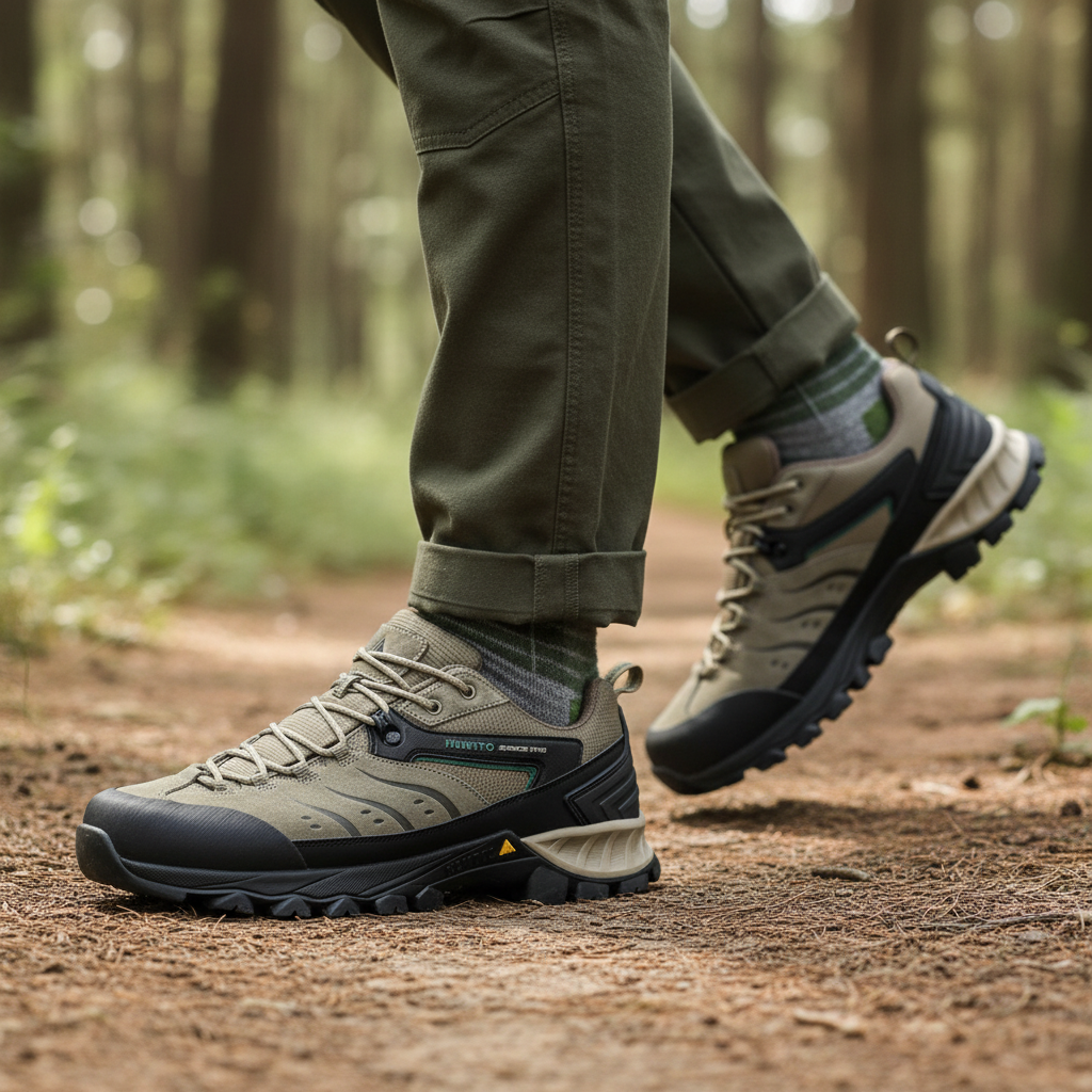 Men's leather hiking shoes with non-slip rubber outsole and breathable lining