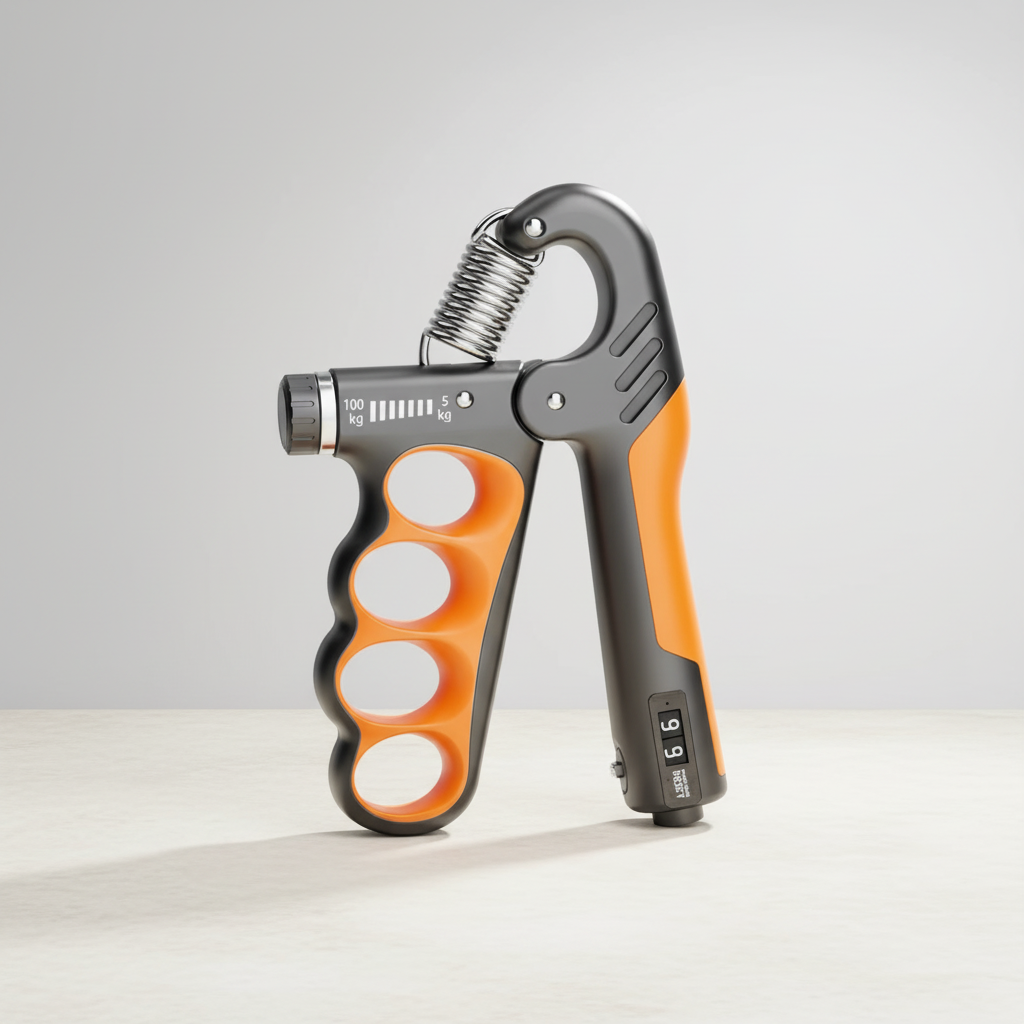 Adjustable hand trainer with ergonomic finger grooves and metal spring