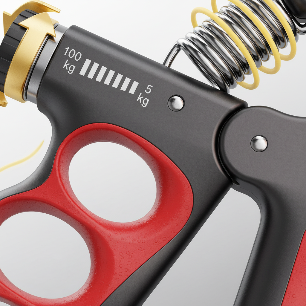 Adjustable hand trainer with ergonomic finger grooves and metal spring