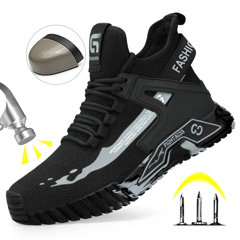 High-top work boots with reinforced protective toe and puncture-resistant sole