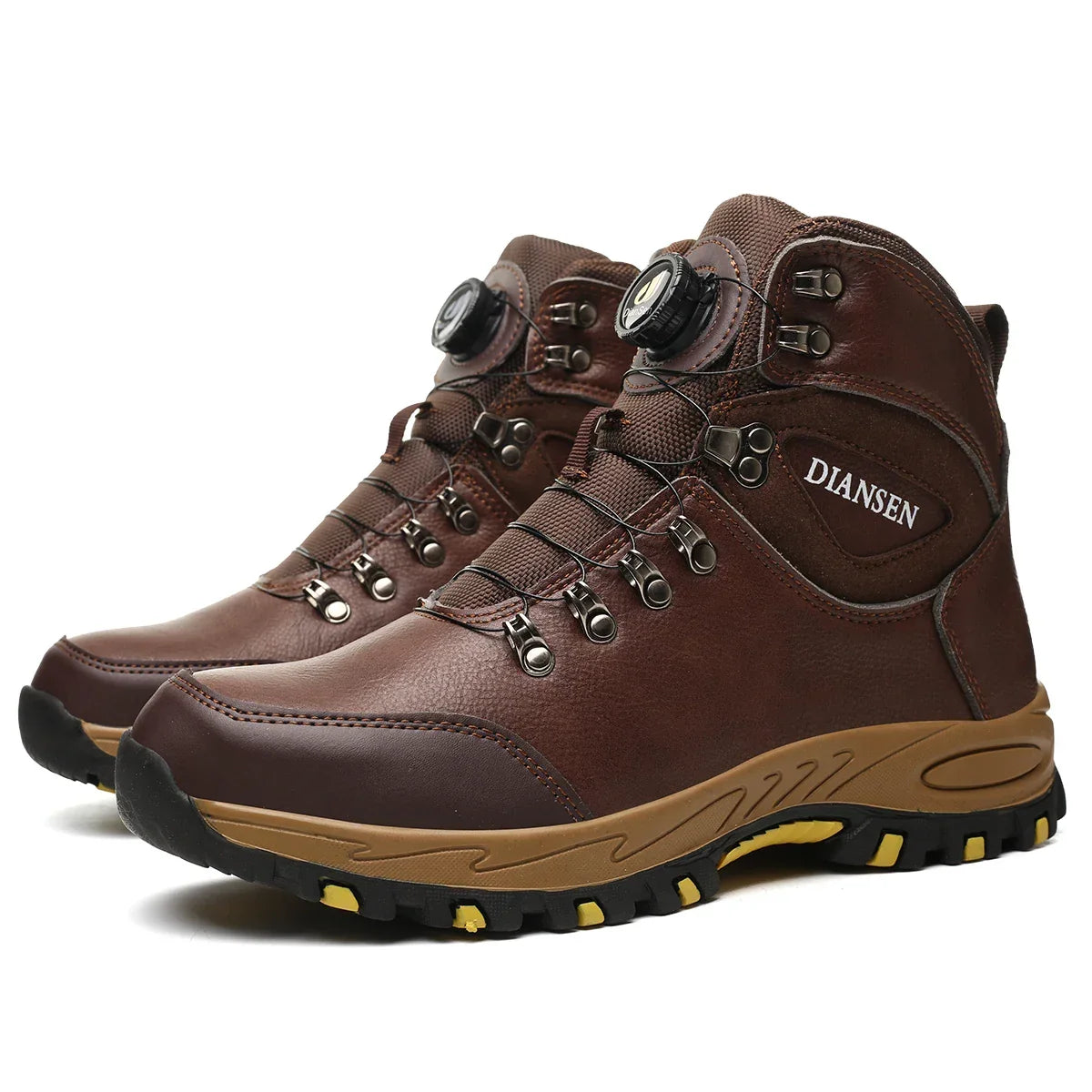 High ankle safety boots with rotating dial closure and slip-resistant sole