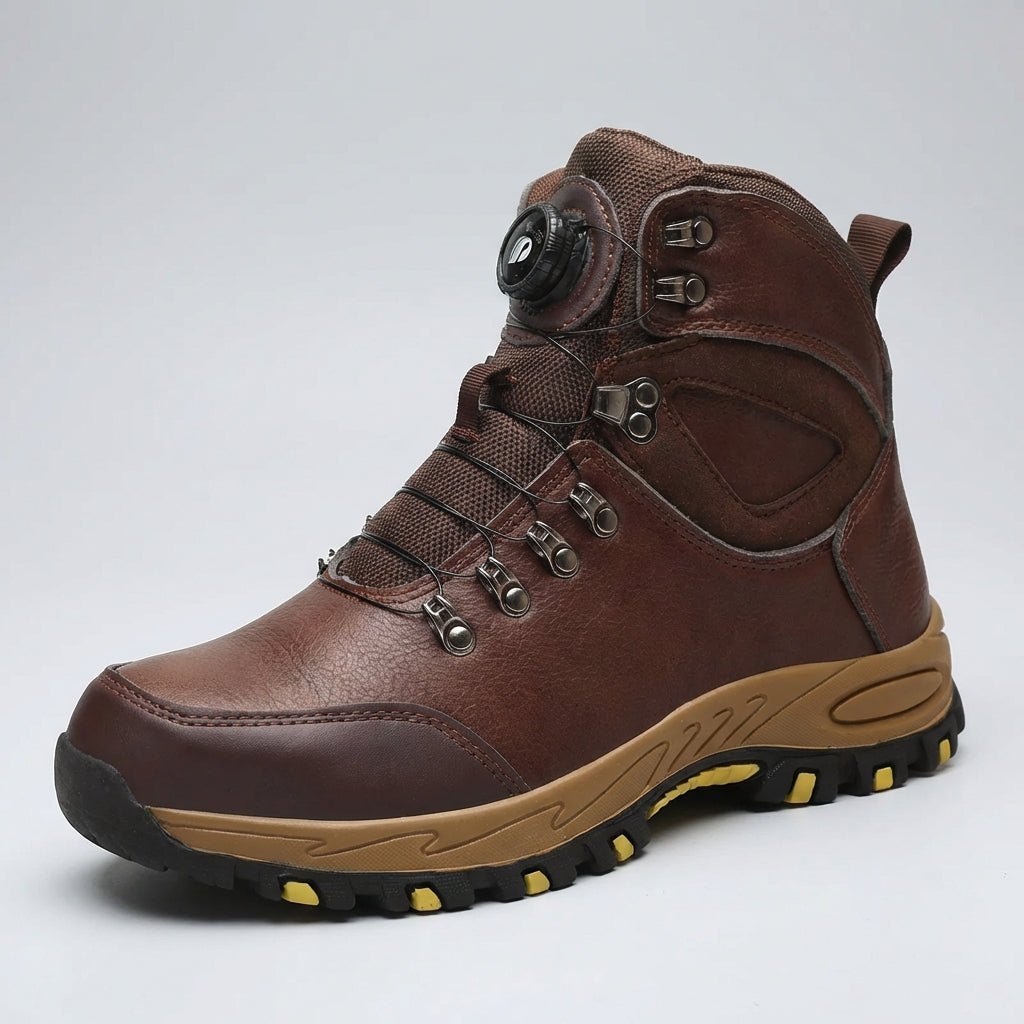 High ankle safety boots with rotating dial closure and slip-resistant sole