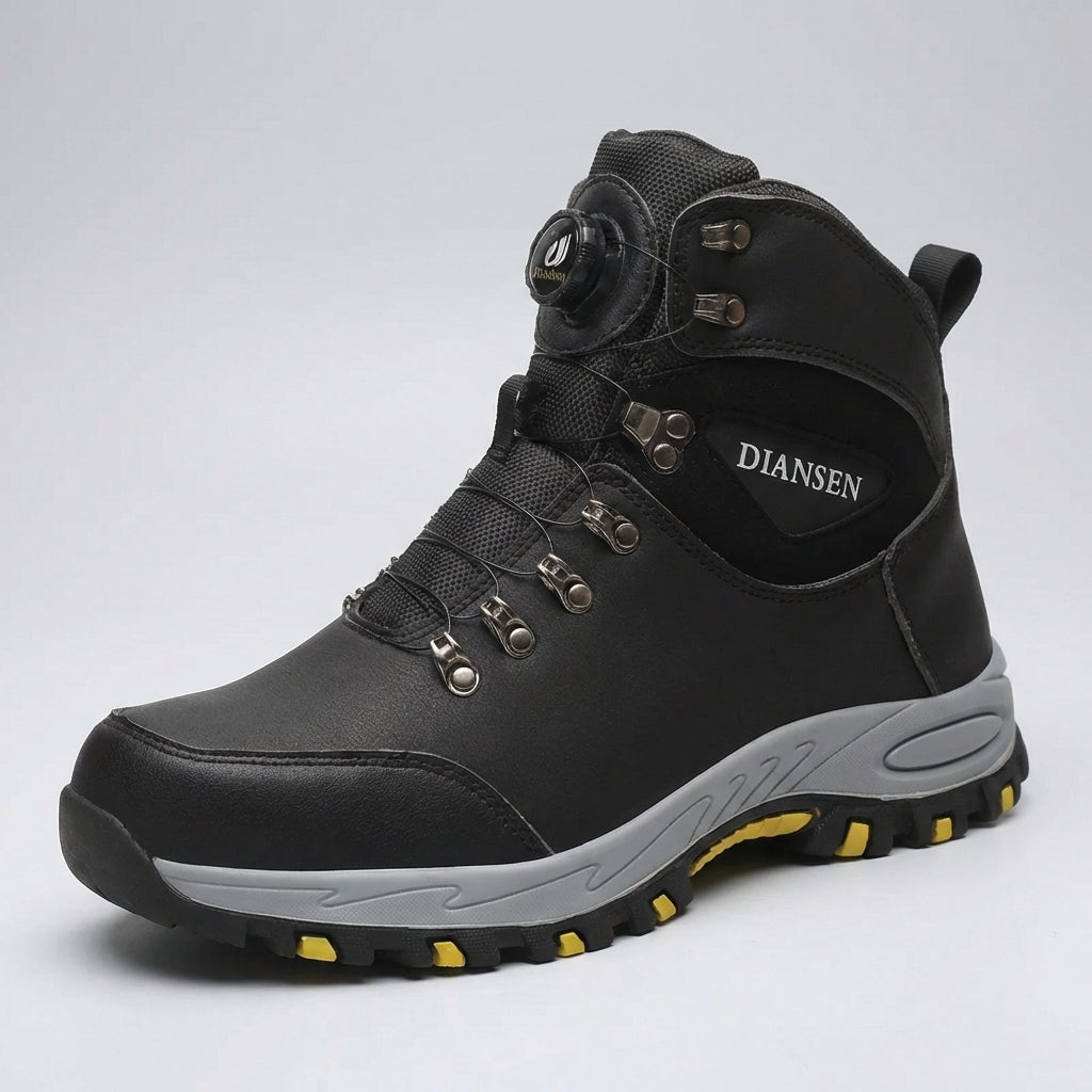 High ankle safety boots with rotating dial closure and slip-resistant sole