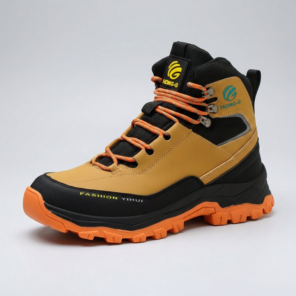 High ankle safety boots with rotating dial closure and slip-resistant sole