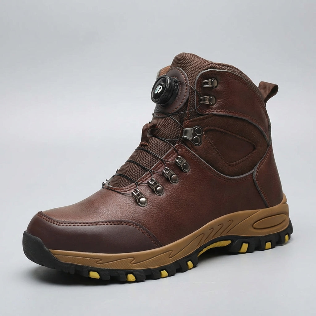 High ankle safety boots with rotating dial closure and slip-resistant sole