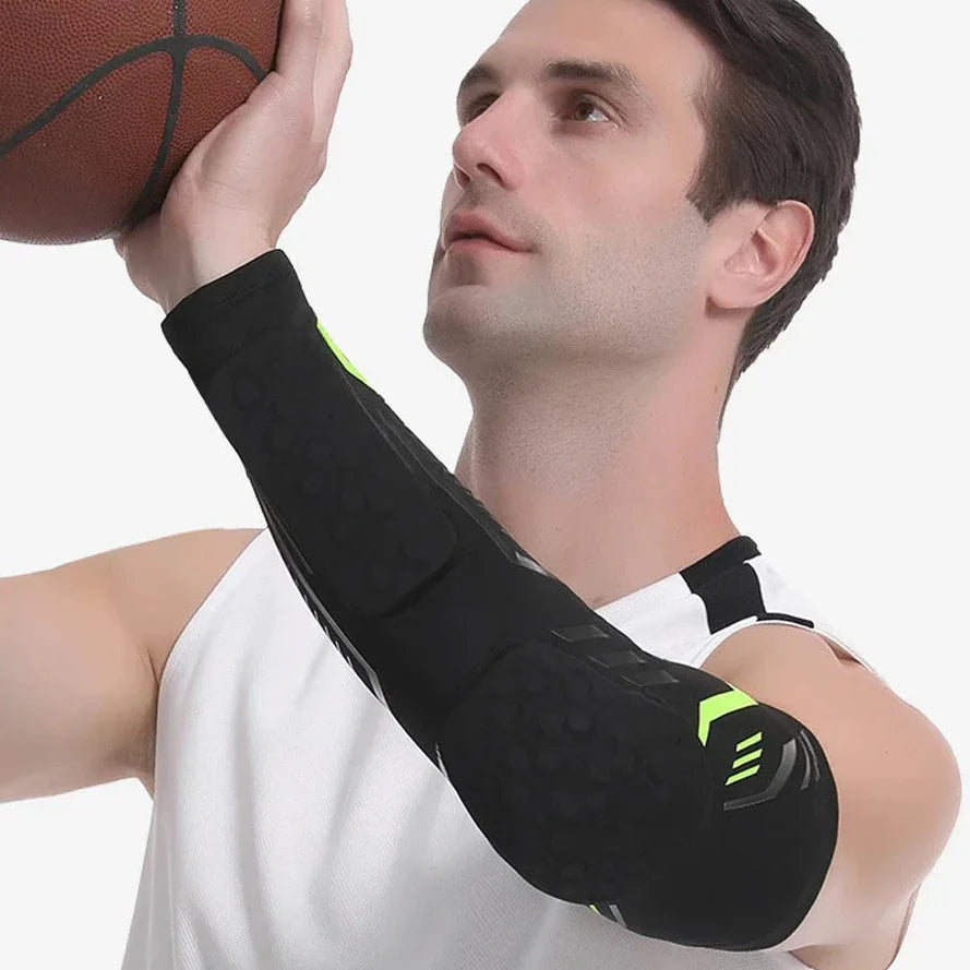 Padded compression arm sleeve with honeycomb elbow protection