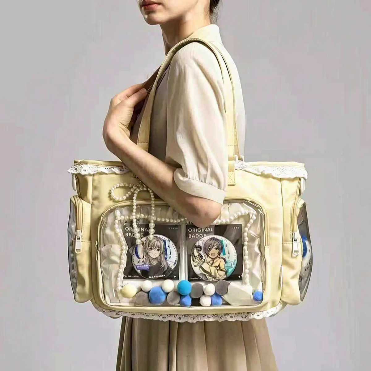 Japanese itabag shoulder bag with clear display window and lace trim