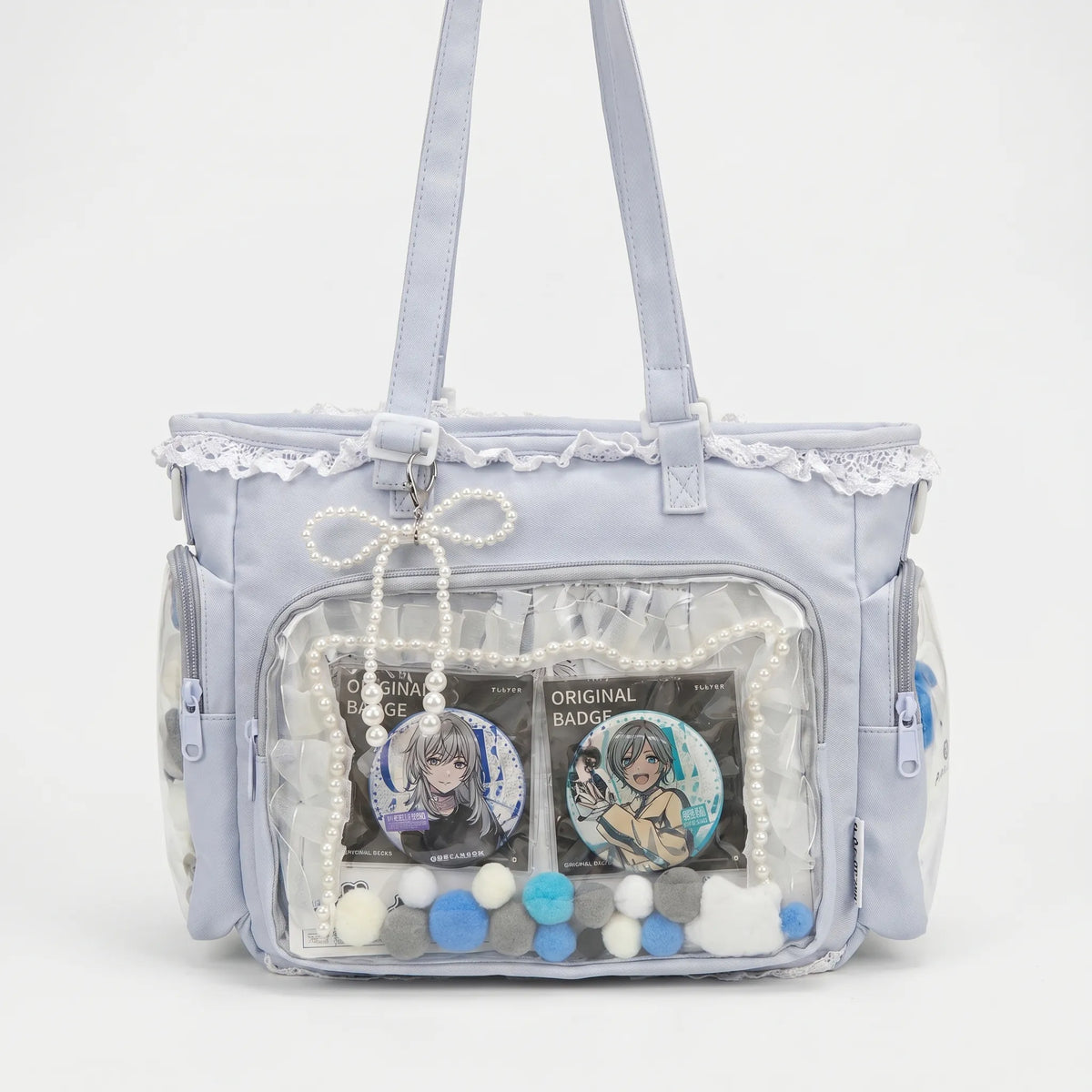 Japanese itabag shoulder bag with clear display window and lace trim
