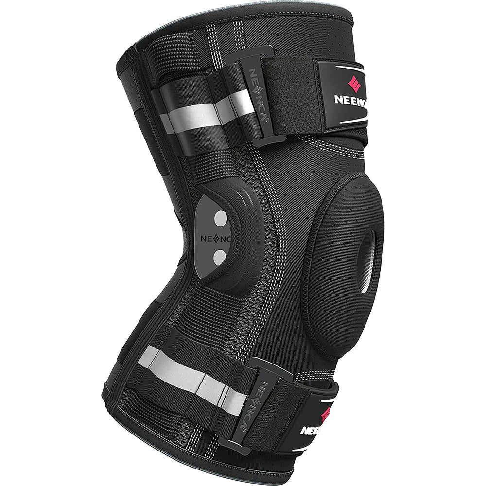 Hinged knee brace with dual side stabilizers and open patella design