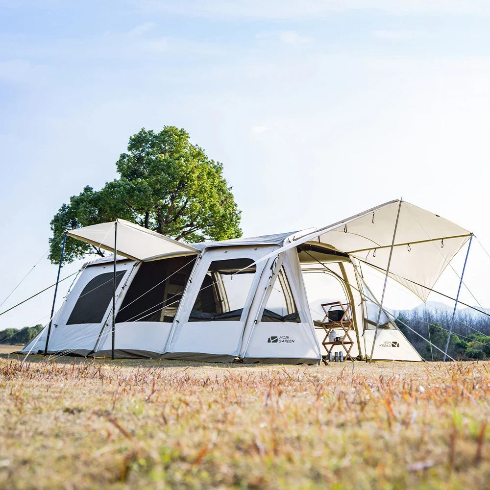 Spacious family tunnel tent with large shared area and covered canopy