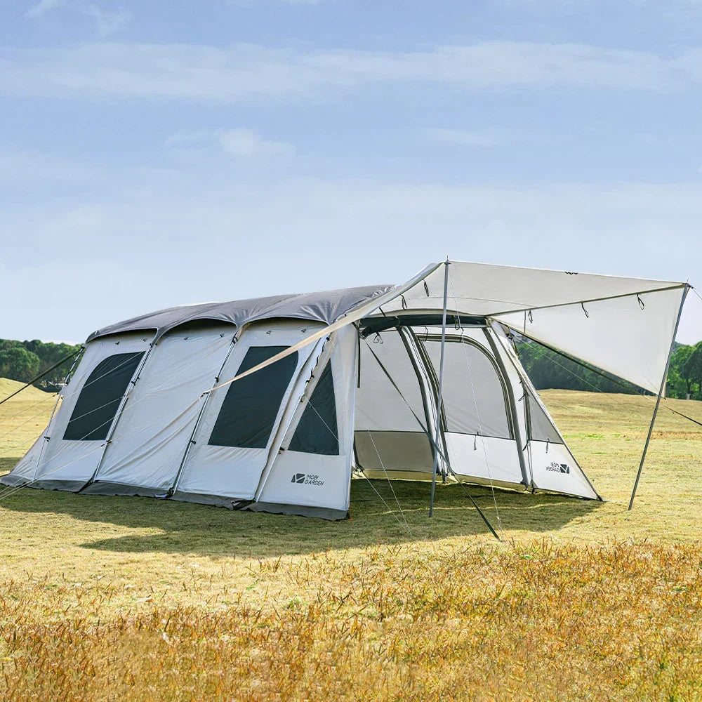 Spacious family tunnel tent with large shared area and covered canopy