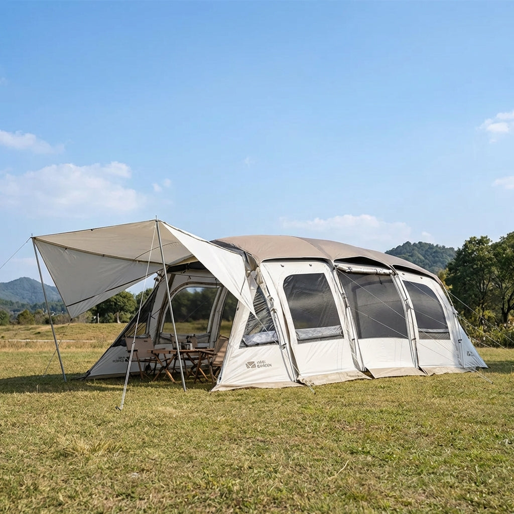 Spacious family tunnel tent with large shared area and covered canopy