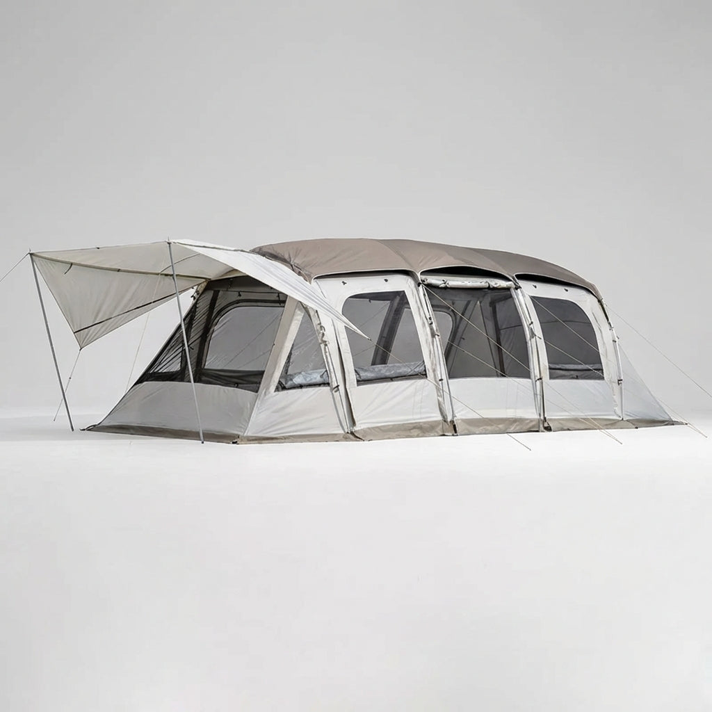 Spacious family tunnel tent with large shared area and covered canopy