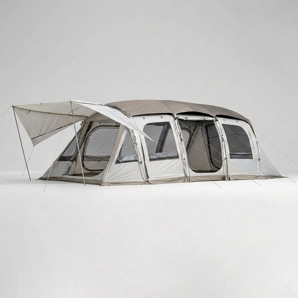 Spacious family tunnel tent with large shared area and covered canopy
