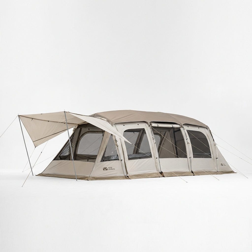 Spacious family tunnel tent with large shared area and covered canopy