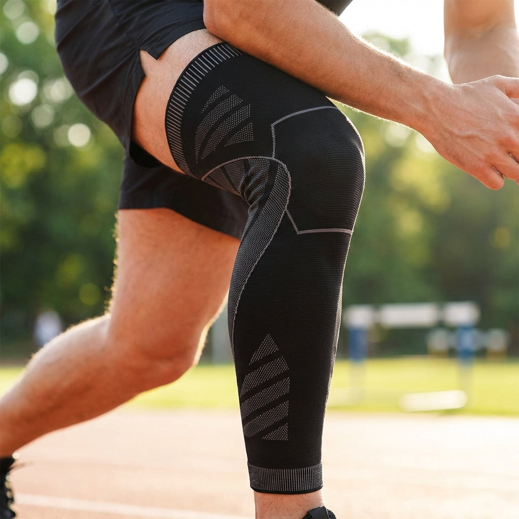 Full leg compression sleeve with targeted knee support and silicone grip band