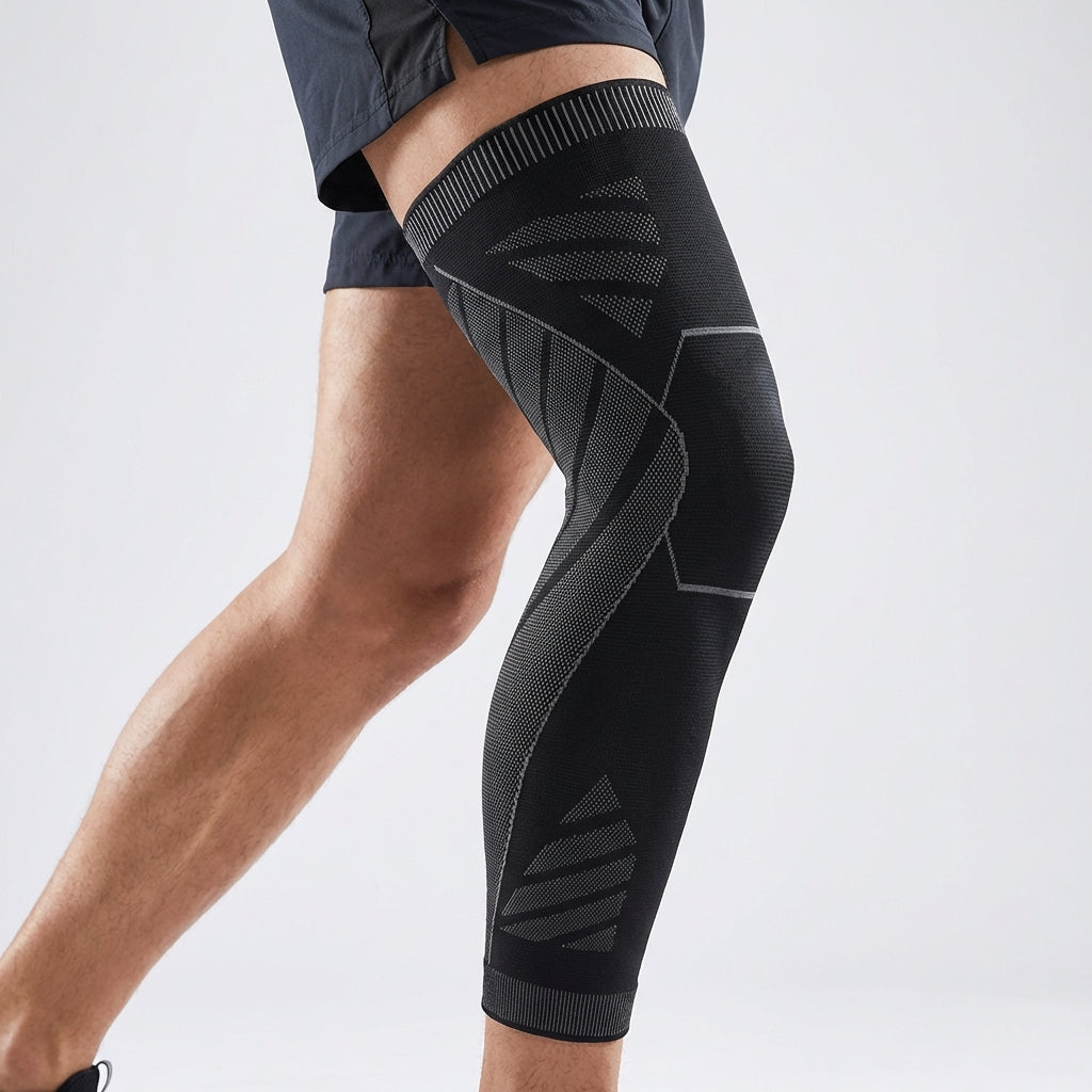 Full leg compression sleeve with targeted knee support and silicone grip band