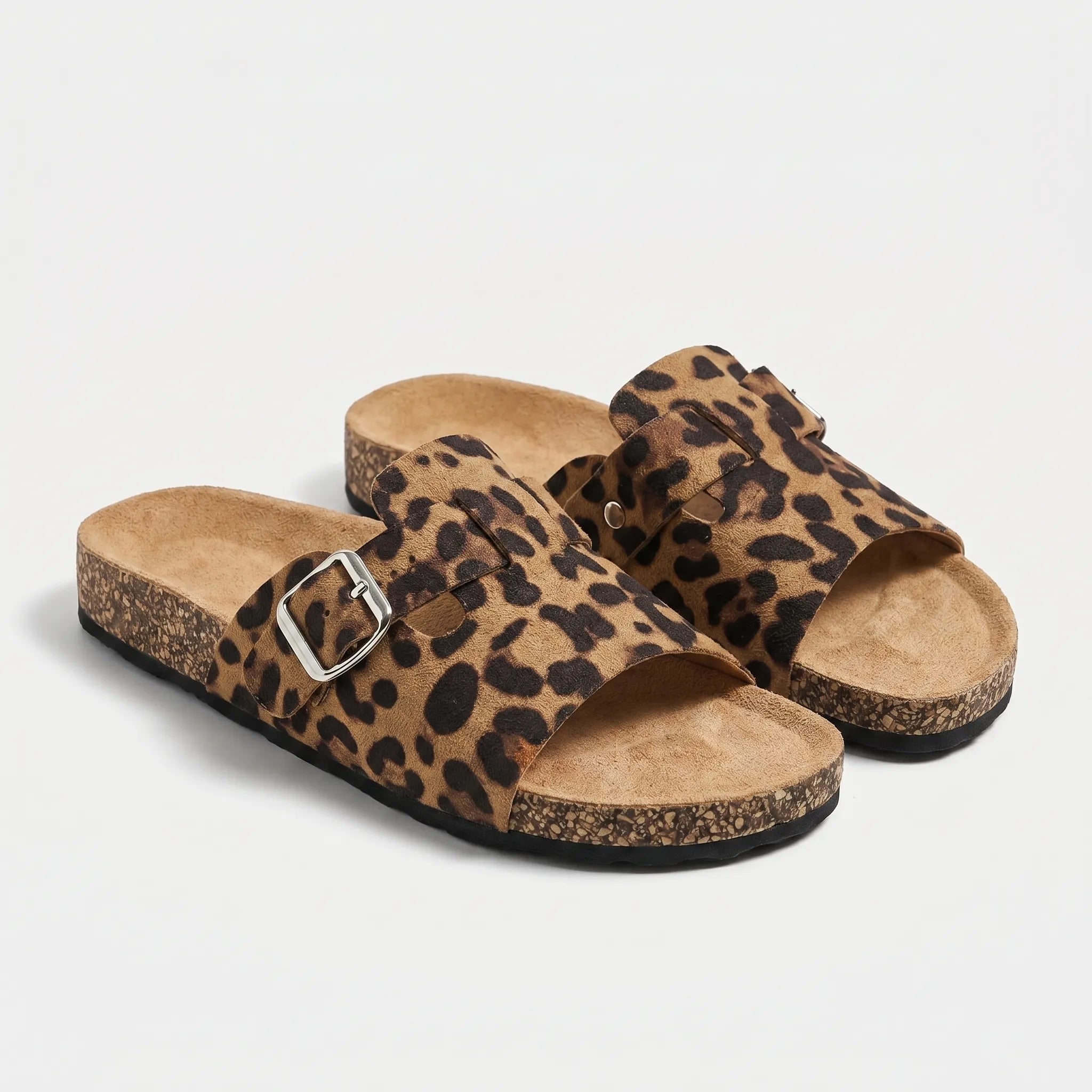 Women's leopard print slides with adjustable strap and flat sole
