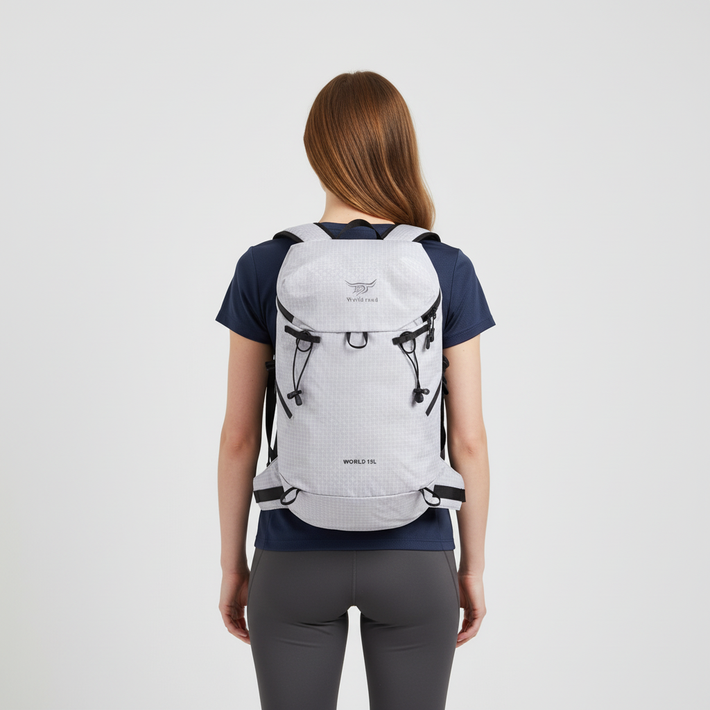 Lightweight packable daypack with ventilated back panel and trekking pole loop