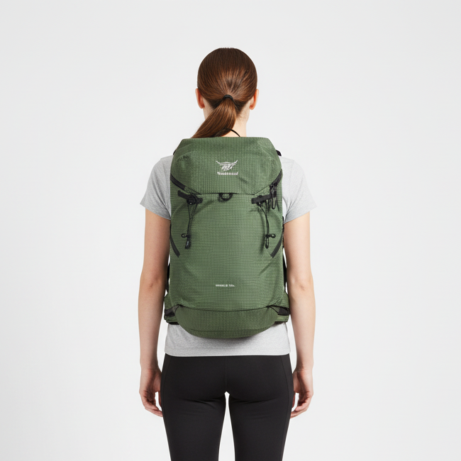 Lightweight packable daypack with ventilated back panel and trekking pole loop