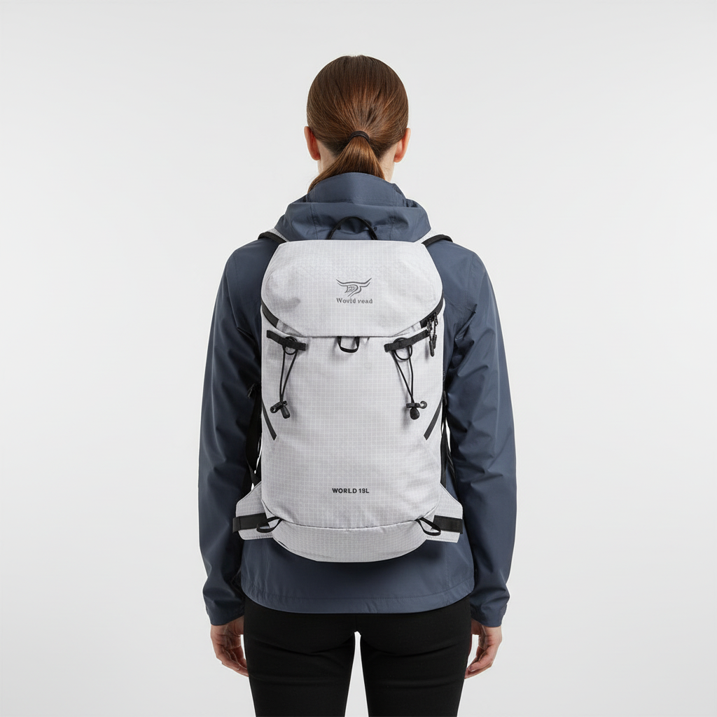 Lightweight packable daypack with ventilated back panel and trekking pole loop