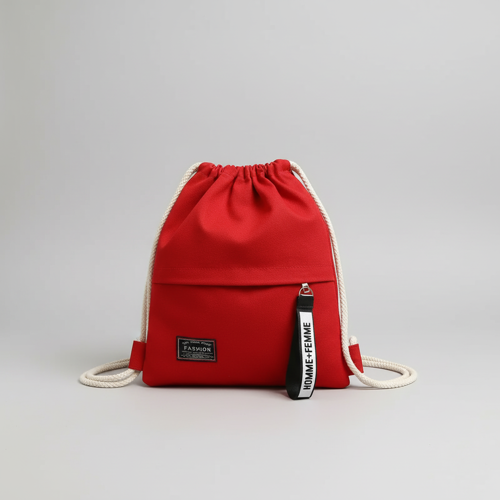 Lightweight drawstring backpack with soft canvas exterior and rope shoulder straps