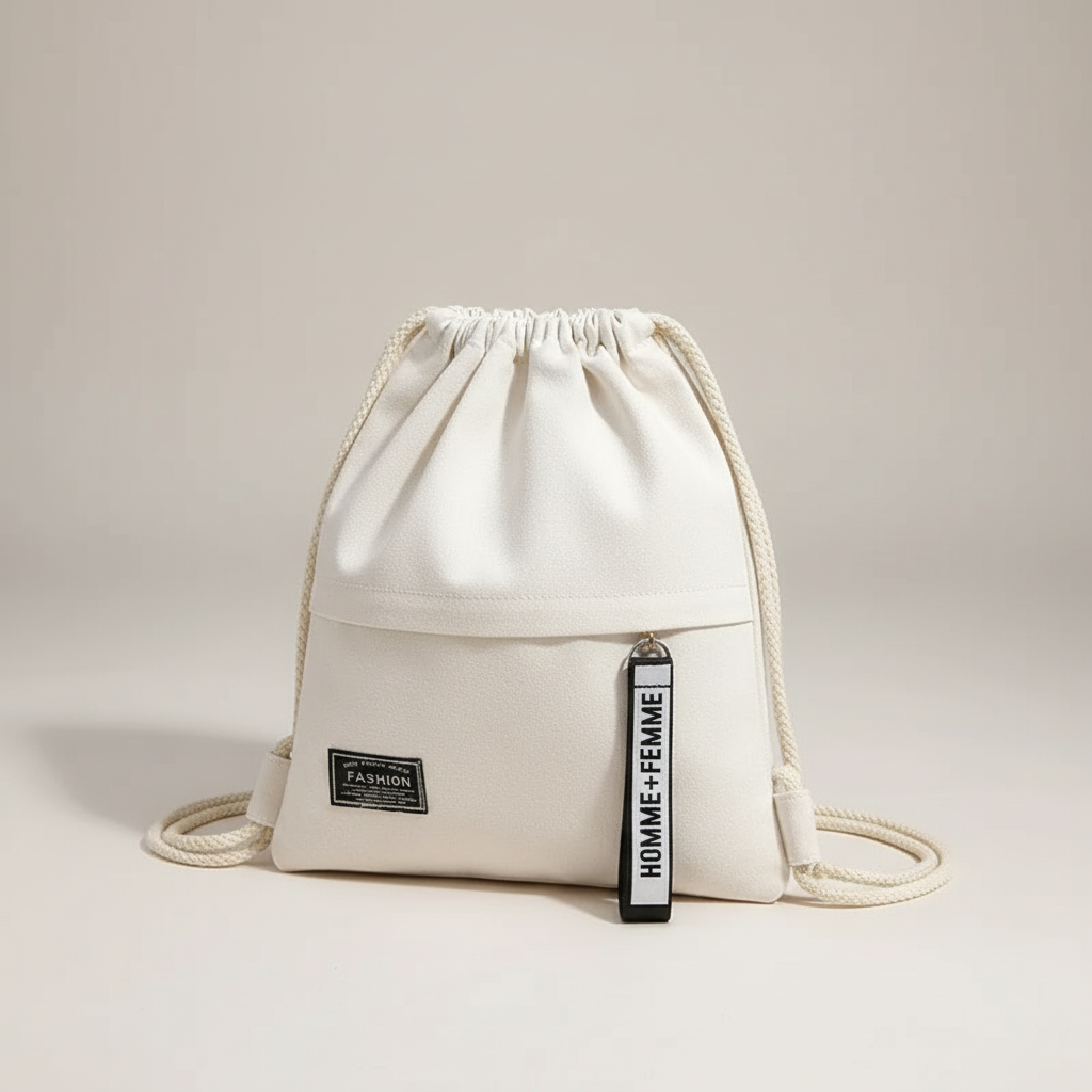 Lightweight drawstring backpack with soft canvas exterior and rope shoulder straps
