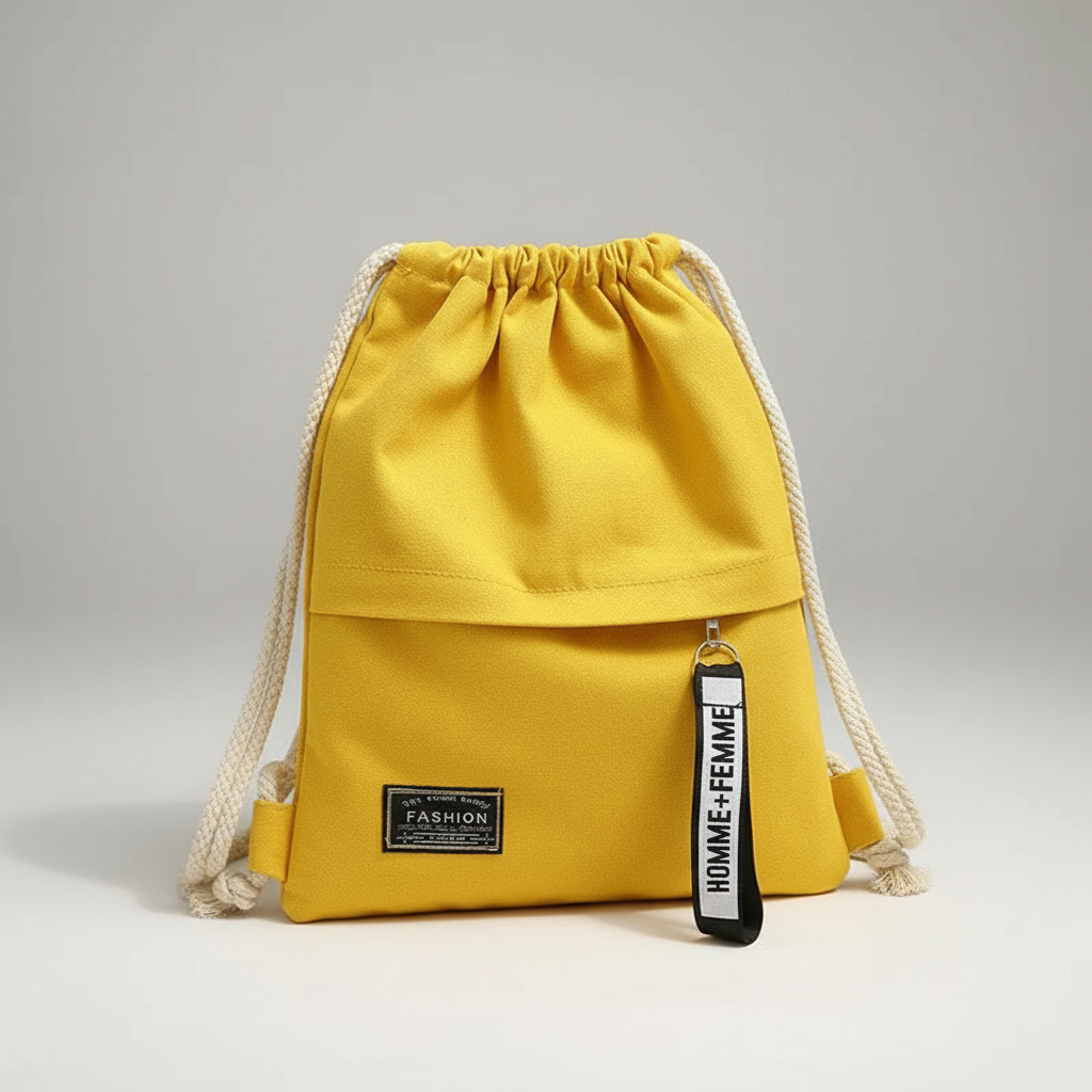Lightweight drawstring backpack with soft canvas exterior and rope shoulder straps